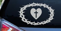 Crown Of Thorns Heart Cross Christian Car or Truck Window Decal Sticker (Light Gray)