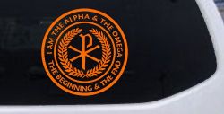 Chi Rho I Am The Alpha and Omega The Beginning and The End Christian Car or Truck Window Decal Sticker (Orange)