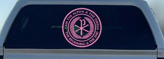 Chi Rho I Am The Alpha and Omega The Beginning and The End Christian Car or Truck Window Decal Sticker (Pink)