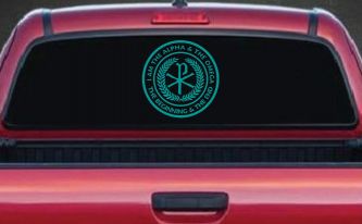 Chi Rho I Am The Alpha and Omega The Beginning and The End Christian Car or Truck Window Decal Sticker (Turquoise)