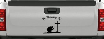 In Memory Of Man Kneeling At Cross Christian Car or Truck Window Decal Sticker (Black)