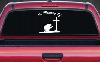 In Memory Of Man Kneeling At Cross Christian Car or Truck Window Decal Sticker