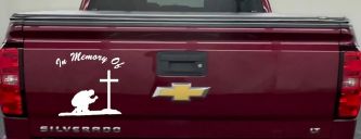 In Memory Of Man Kneeling At Cross Christian Car or Truck Window Decal Sticker (White)