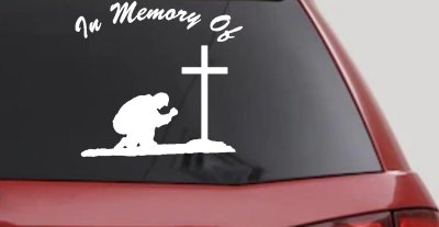 In Memory Of Man Kneeling At Cross Christian Car or Truck Window Vinyl Decal Sticker