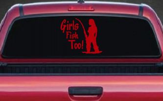 Girls Fish Too Fishing Car or Truck Window Vinyl Decal Sticker (Red)