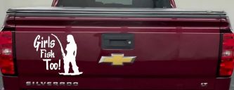 Girls Fish Too Fishing Car or Truck Window Decal Sticker (White)