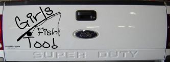 Girls Fish Too Angled Rod Fishing Car or Truck Window Vinyl Decal Sticker (Black)