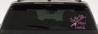 Girls Fish Too Angled Rod Fishing Car or Truck Window Decal Sticker (Pink)