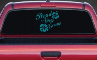 Proud Navy Granny Hibiscus Flowers Military Car or Truck Window Decal Sticker (Turquoise Blue)