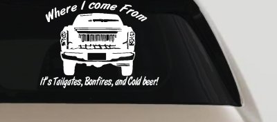 Where I Come from It's Tailgates Bonfires And Cold Beer Country Car or Truck Window Vinyl Decal Sticker