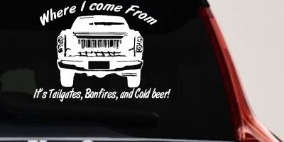 Where I Come from It's Tailgates Bonfires And Cold Beer Country Car or Truck Window Vinyl Decal Sticker