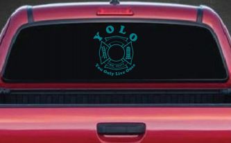 YOLO You Only Live Once Fire Fighter Car or Truck Window Vinyl Decal Sticker (Turquoise Blue)