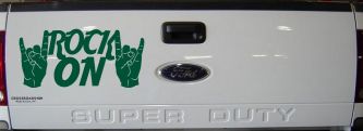 Rock On With Hands Music Car or Truck Window Vinyl Decal Sticker (Dark Green)