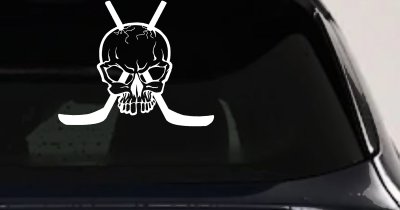 Hockey Skull Crossed Sticks Sports Car or Truck Window Vinyl Decal Sticker (White)