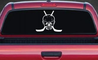 Hockey Skull Crossed Sticks Sports Car or Truck Window Decal Sticker