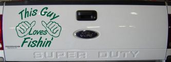 This Guy Loves Fishing Car or Truck Window Vinyl Decal Sticker (Dark Green)