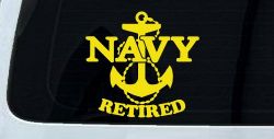 Navy Retired With Anchor Military Car or Truck Window Decal Sticker (Yellow)