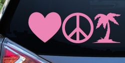 Love Peace and Palm Tree Car or Truck Window Decal Sticker (Pink)