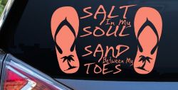 Salt In My Soul Sand Between My Toes Flip Flops Palm Tree Car or Truck Window Decal Sticker (Coral)