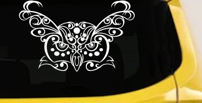 Owl Head Swirl with Dots Car or Truck Window Vinyl Decal Sticker (White)