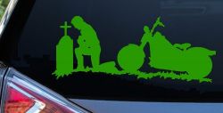 Biker Kneeling At The Cross with Motorcycle Car or Truck Window Decal Sticker (Lime)