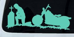 Biker Kneeling At The Cross with Motorcycle Car or Truck Window Decal Sticker (Mint)