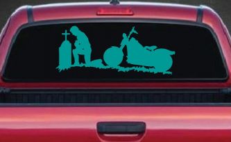 Biker Kneeling At The Cross with Motorcycle Car or Truck Window Decal Sticker (Turquoise)