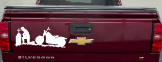 Biker Kneeling At The Cross with Motorcycle Car or Truck Window Decal Sticker (White)