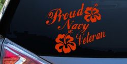 Proud Navy Veteran Hibiscus Flowers Military Car or Truck Window Decal Sticker (Orange Red)