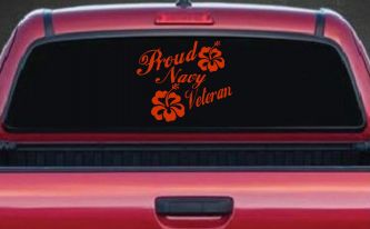 Proud Navy Veteran Hibiscus Flowers Military Car or Truck Window Decal Sticker (Orange Red)