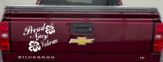 Proud Navy Veteran Hibiscus Flowers Military Car or Truck Window Decal Sticker (White)