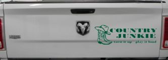Country Junkie Turn It Up Play It Loud Country Car or Truck Window Vinyl Decal Sticker (Dark Green)