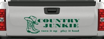 Country Junkie Turn It Up Play It Loud Country Car or Truck Window Decal Sticker (Dark Green)