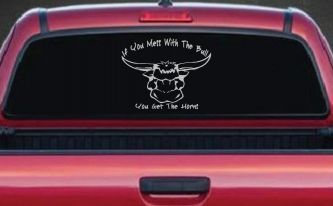 Mess With The Bull Get The Horns Country Rodeo Ranch Farm Car or Truck Window Decal Sticker (Light Gray)