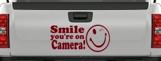 Smile You're On Camera Store Window Lettering Car or Truck Window Decal Sticker (Burgundy)