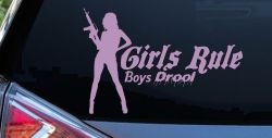 Girls Rule Boys Drool Machine Gun Girl Car or Truck Window Vinyl Decal Sticker (Lilac)