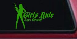 Girls Rule Boys Drool Machine Gun Girl Car or Truck Window Decal Sticker (Lime)