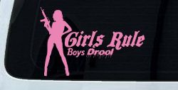 Girls Rule Boys Drool Machine Gun Girl Car or Truck Window Decal Sticker (Pink)