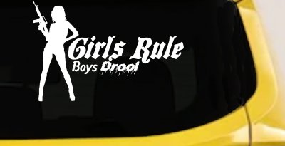 Girls Rule Boys Drool Machine Gun Girl Car or Truck Window Vinyl Decal Sticker (White)