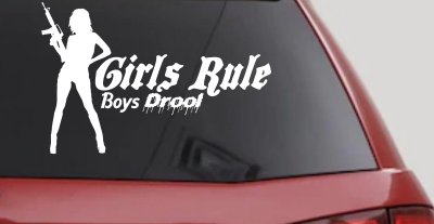 Girls Rule Boys Drool Machine Gun Girl Car or Truck Window Vinyl Decal Sticker