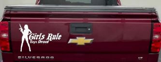 Girls Rule Boys Drool Machine Gun Girl Car or Truck Window Decal Sticker (White)