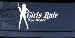 Girls Rule Boys Drool Machine Gun Girl Car or Truck Window Decal Sticker