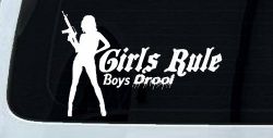 Girls Rule Boys Drool Machine Gun Girl Car or Truck Window Decal Sticker