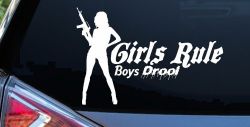 Girls Rule Boys Drool Machine Gun Girl Car or Truck Window Decal Sticker