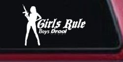 Girls Rule Boys Drool Machine Gun Girl Car or Truck Window Decal Sticker