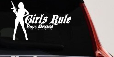 Girls Rule Boys Drool Machine Gun Girl Car or Truck Window Vinyl Decal Sticker
