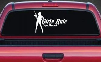 Girls Rule Boys Drool Machine Gun Girl Car or Truck Window Decal Sticker