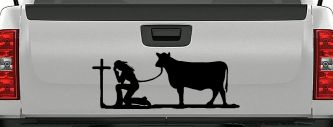 Cowgirl Kneeling At The Cross With Cow Christian Car or Truck Window Decal Sticker (Black)