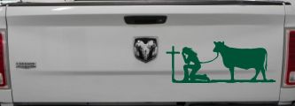 Cowgirl Kneeling At The Cross With Cow Christian Car or Truck Window Vinyl Decal Sticker (Dark Green)