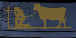 Cowgirl Kneeling At The Cross With Cow Christian Car or Truck Window Decal Sticker (Gold)